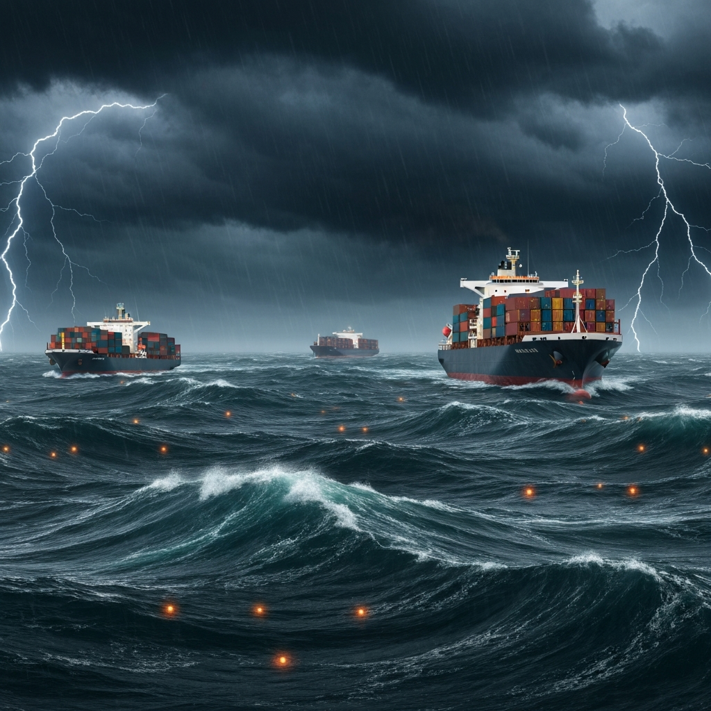 Container ships navigating stormy seas in the Middle East