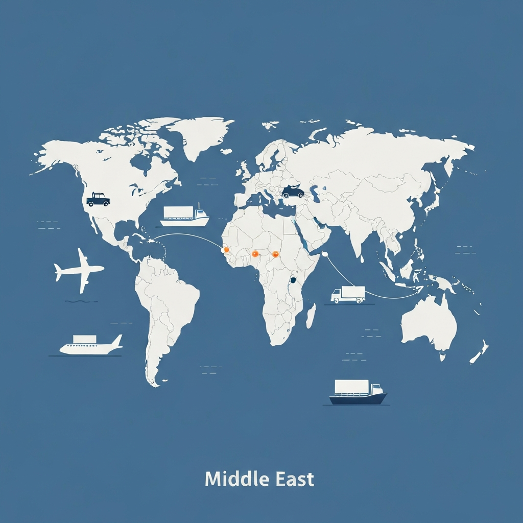 Map of Middle East with shipping routes and carrier icons