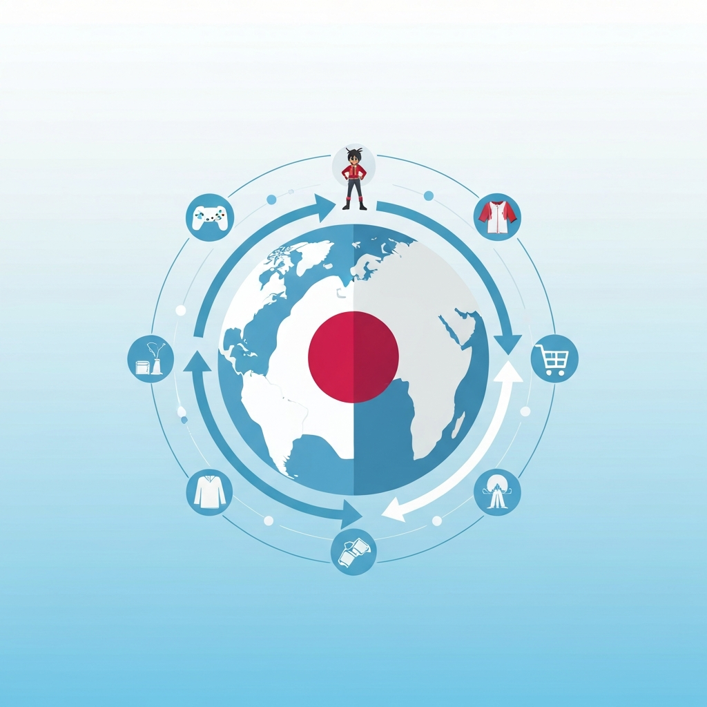 Illustration of a globe with Japanese flag, shopping cart, and product icons representing Japanese proxy service connecting global shoppers to Japanese goods.