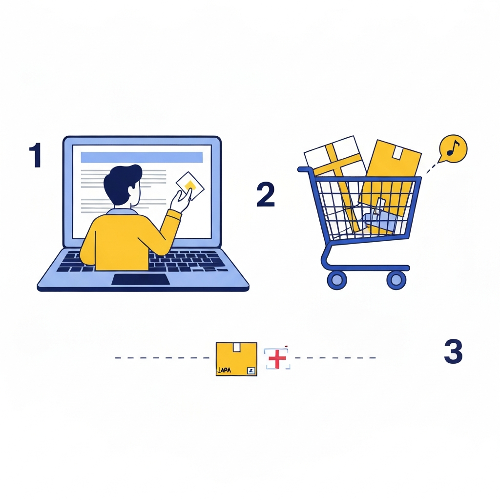 Illustration showing the steps involved in buying from Japan using a proxy service: browsing, adding to cart, and shipping.