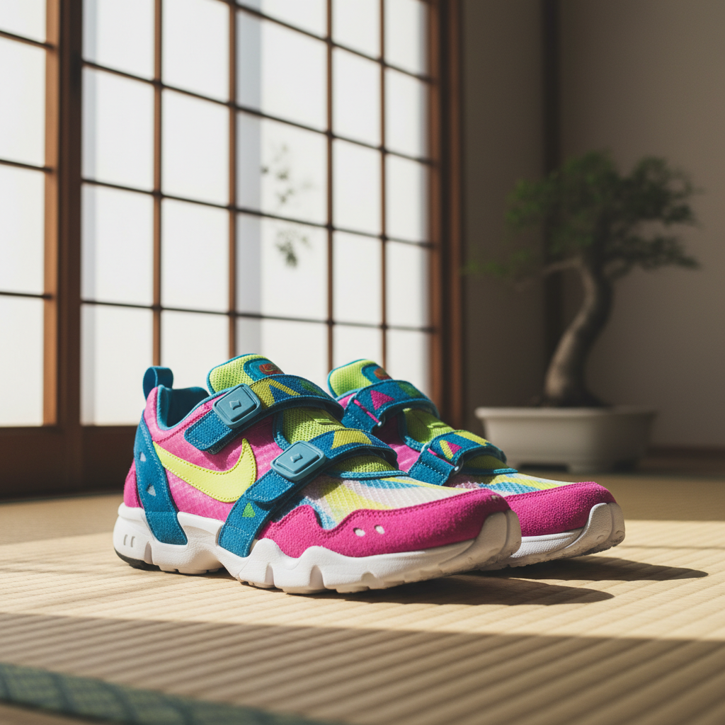 A vibrant pair of Nike Air Rift sneakers, an underrated Nike Japan model, displayed in a minimalist Japanese setting.