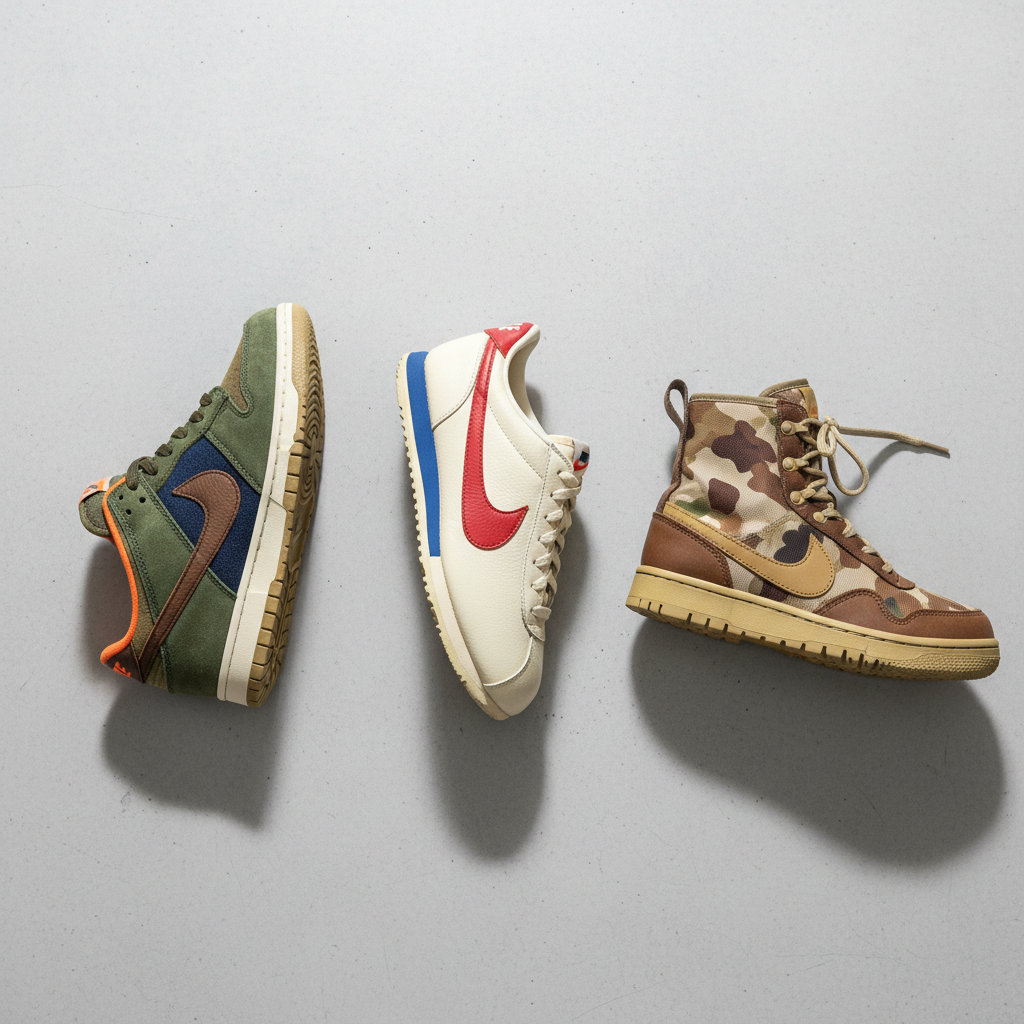A curated flat lay of several rare Nike Japan exclusive sneakers, including vintage Cortez and CO.JP Dunks.