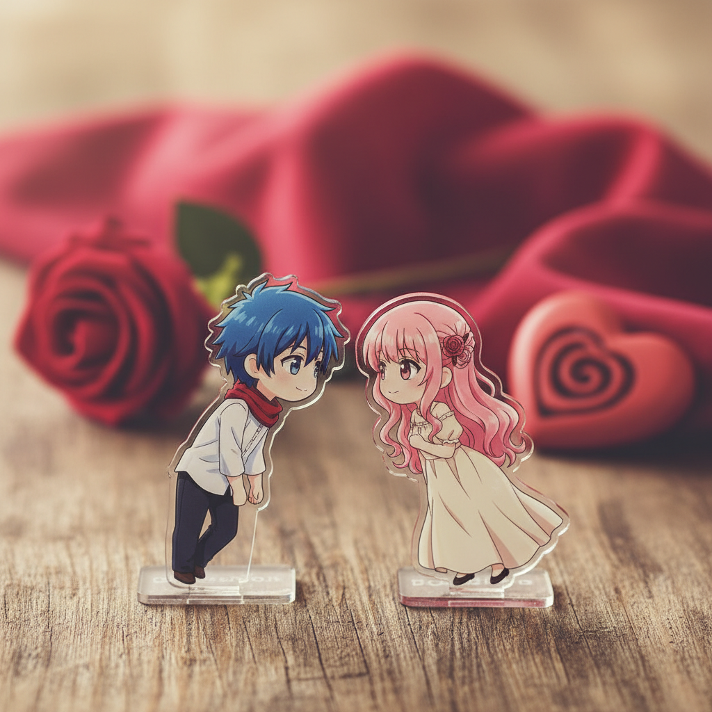 A pair of stylized anime couple figures on a rustic table, with soft Valentine's Day decor, highlighting anime couple me