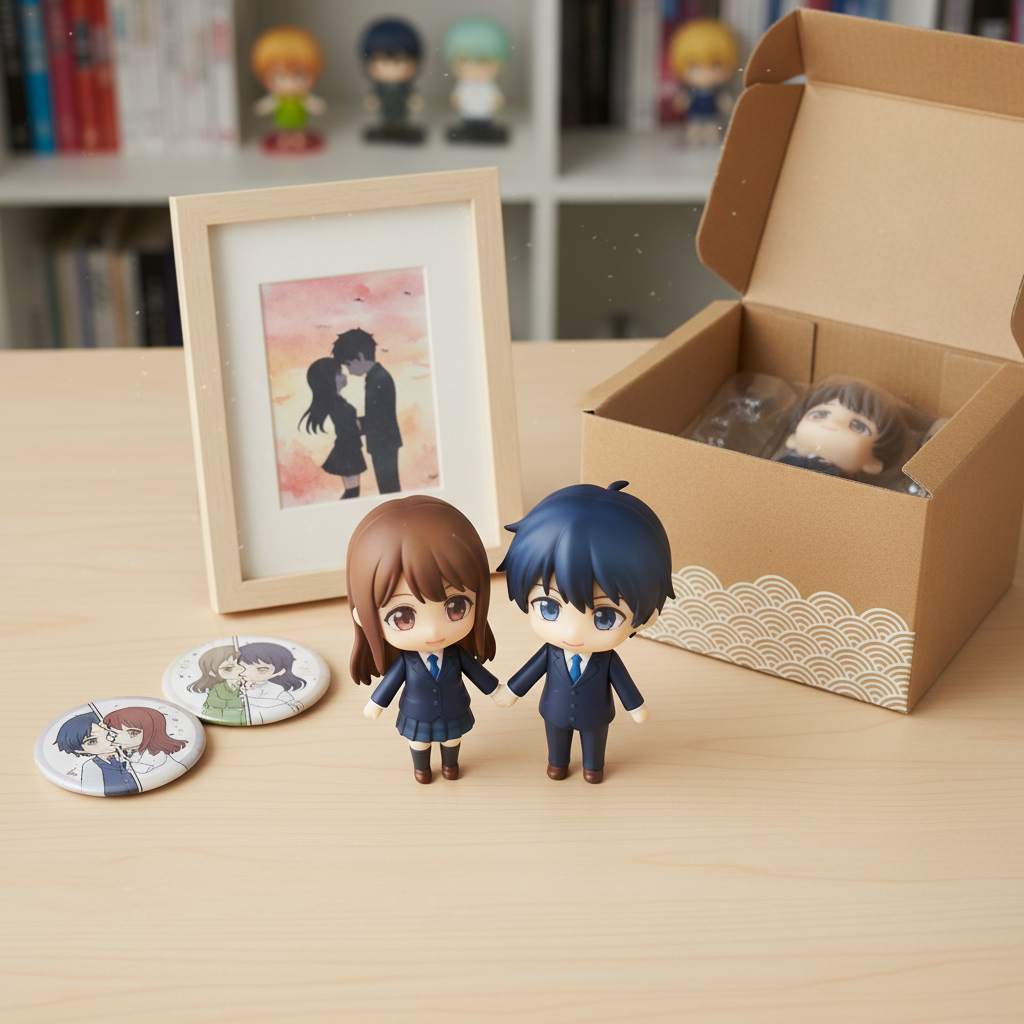 A meticulously arranged display of diverse anime couple merchandise, including figures and badges, on a collector's desk