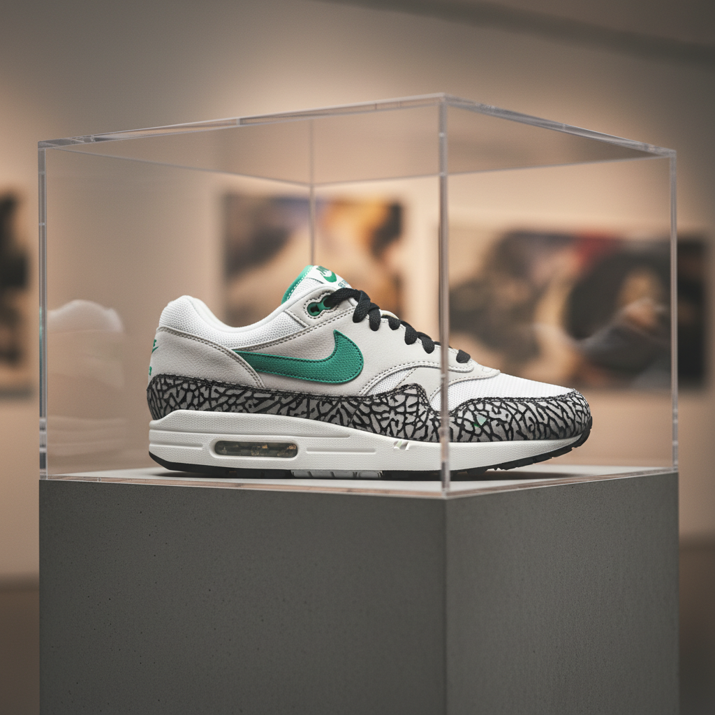 A close-up of the iconic Atmos x Nike Air Max 1 "Elephant" sneaker displayed on a minimalist pedestal, showcasing legend