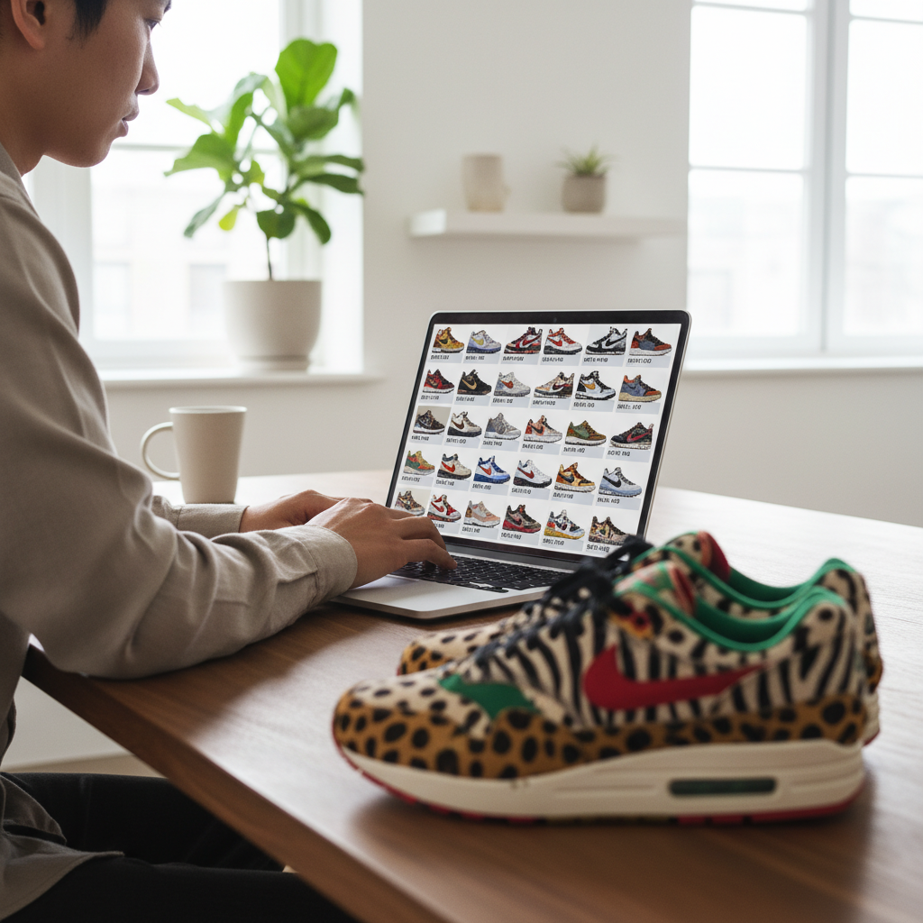 A person uses a tablet to browse a Japanese online sneaker marketplace for rare Atmos x Nike collaborations.