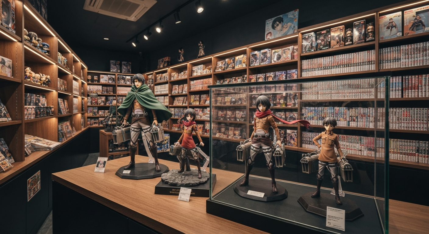 Attack on Titan collector shelf display with Levi, Mikasa, and Eren figures