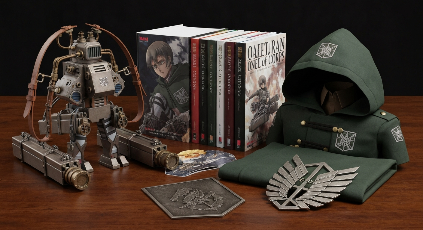 Japan-exclusive Attack on Titan merchandise flat lay: Survey Corps cloak, Wings of Freedom badge, ODM gear miniature, art books on dark wood