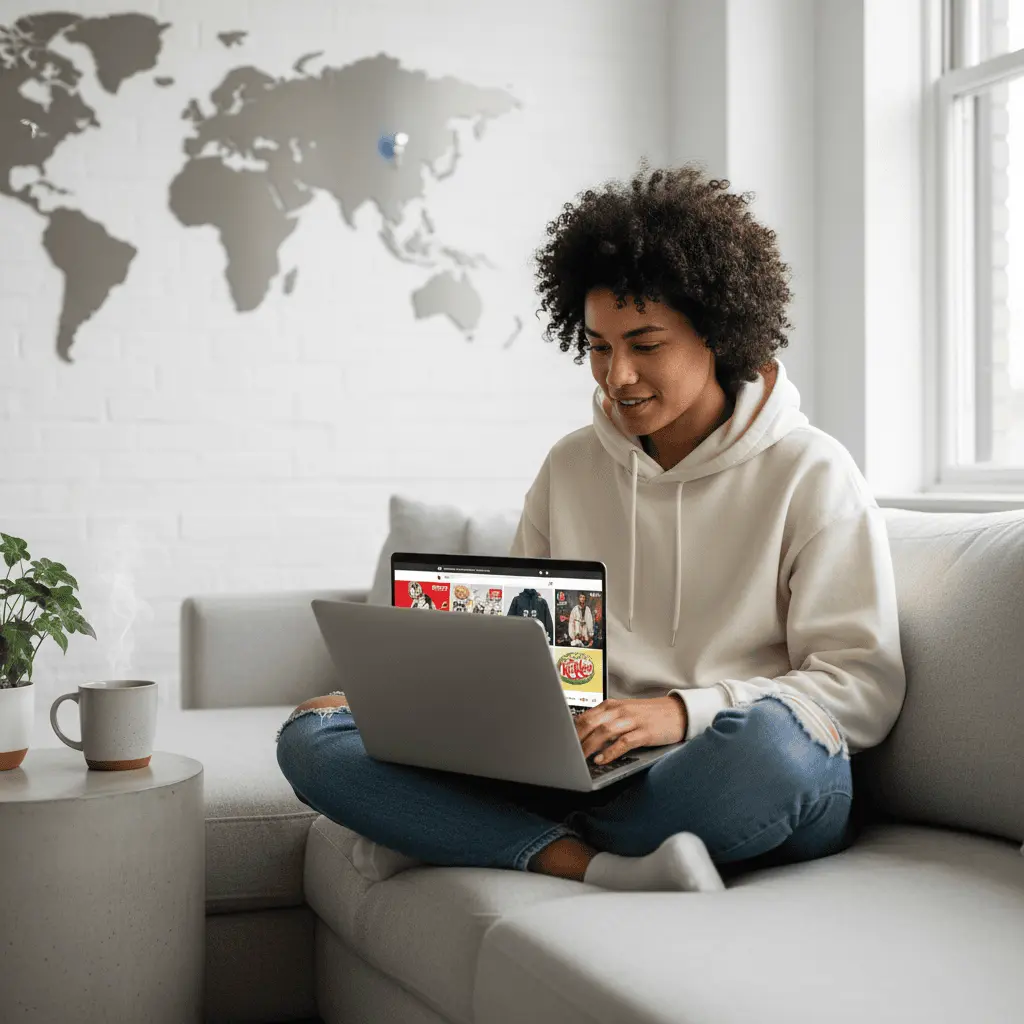 Young person browsing Japanese products online, representing the excitement of buying from Japan with a proxy service.