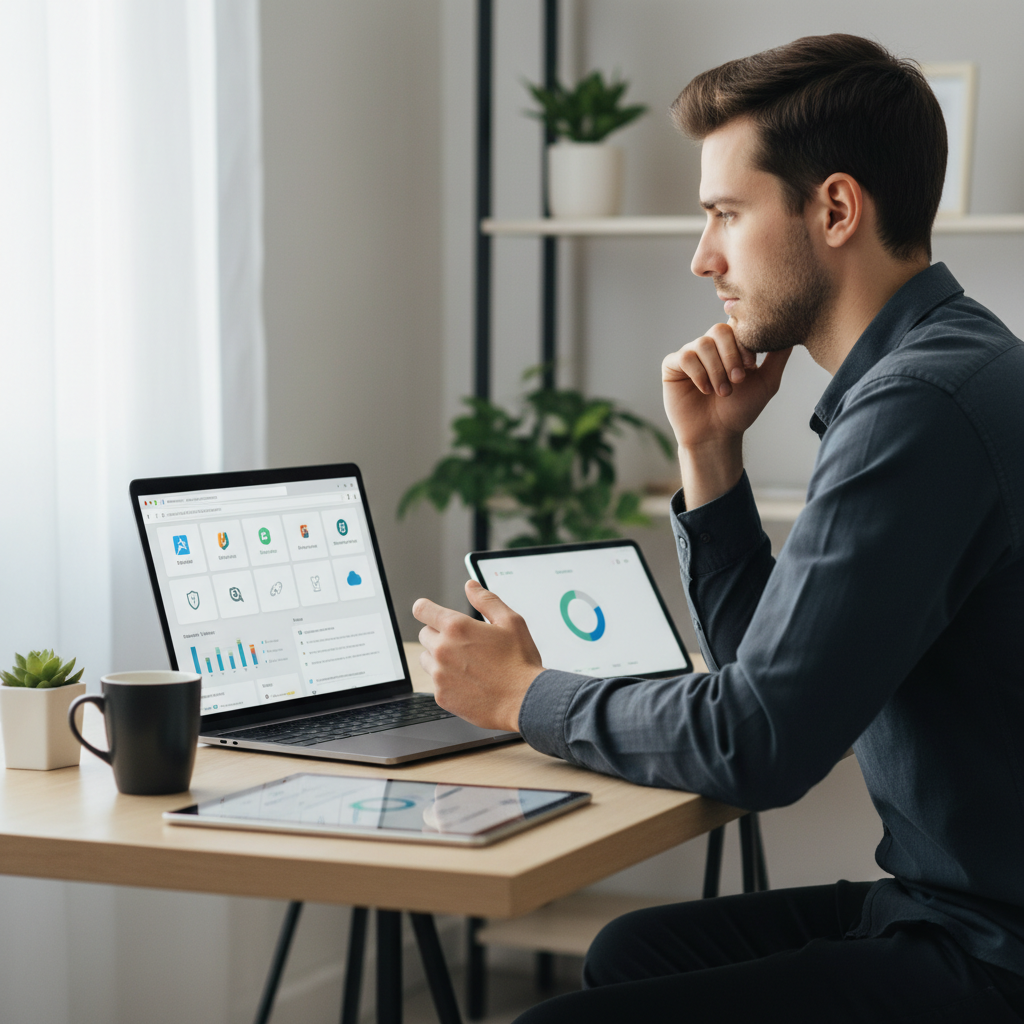 Person comparing features of different Japan proxy services on a tablet, making an informed decision for international shopping.