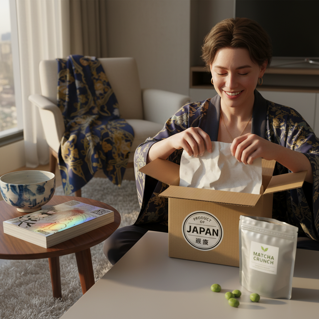 Happy customer unboxing unique Japanese items purchased through a reliable proxy service, showcasing successful international shopping.