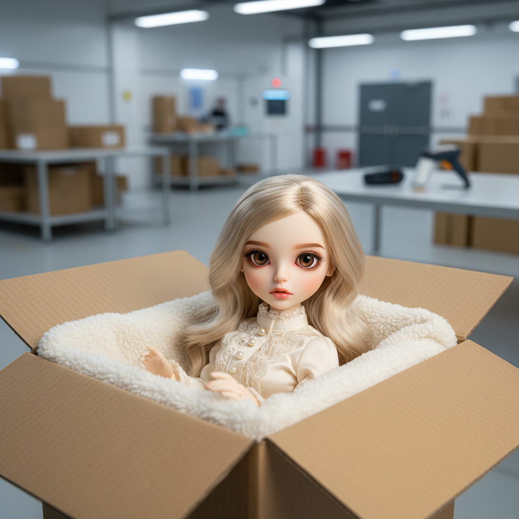 A delicate Ball-Jointed Doll peeking from a sturdy, protective shipping box, illustrating secure BJD shipping for valuab