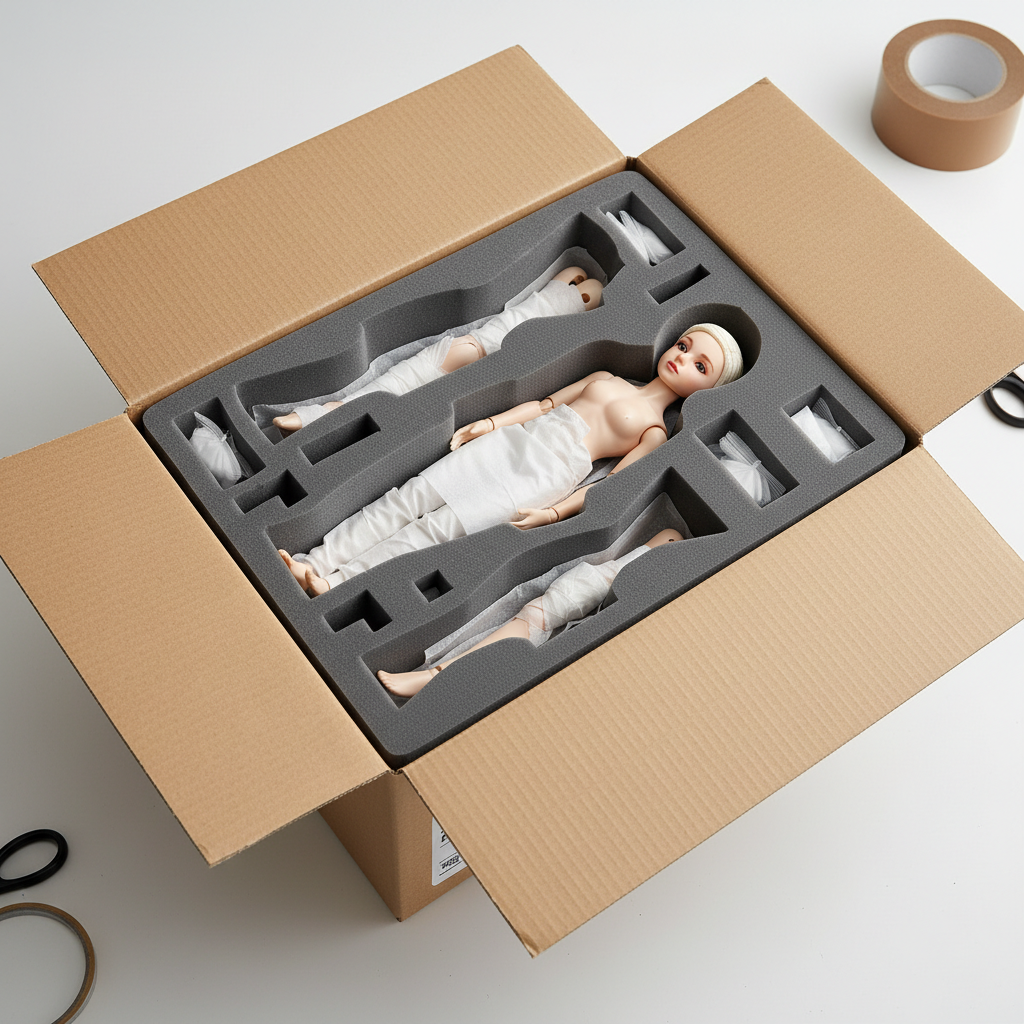Expertly packaged Ball-Jointed Doll secured in custom foam inserts within a shipping box, highlighting specialized BJD s