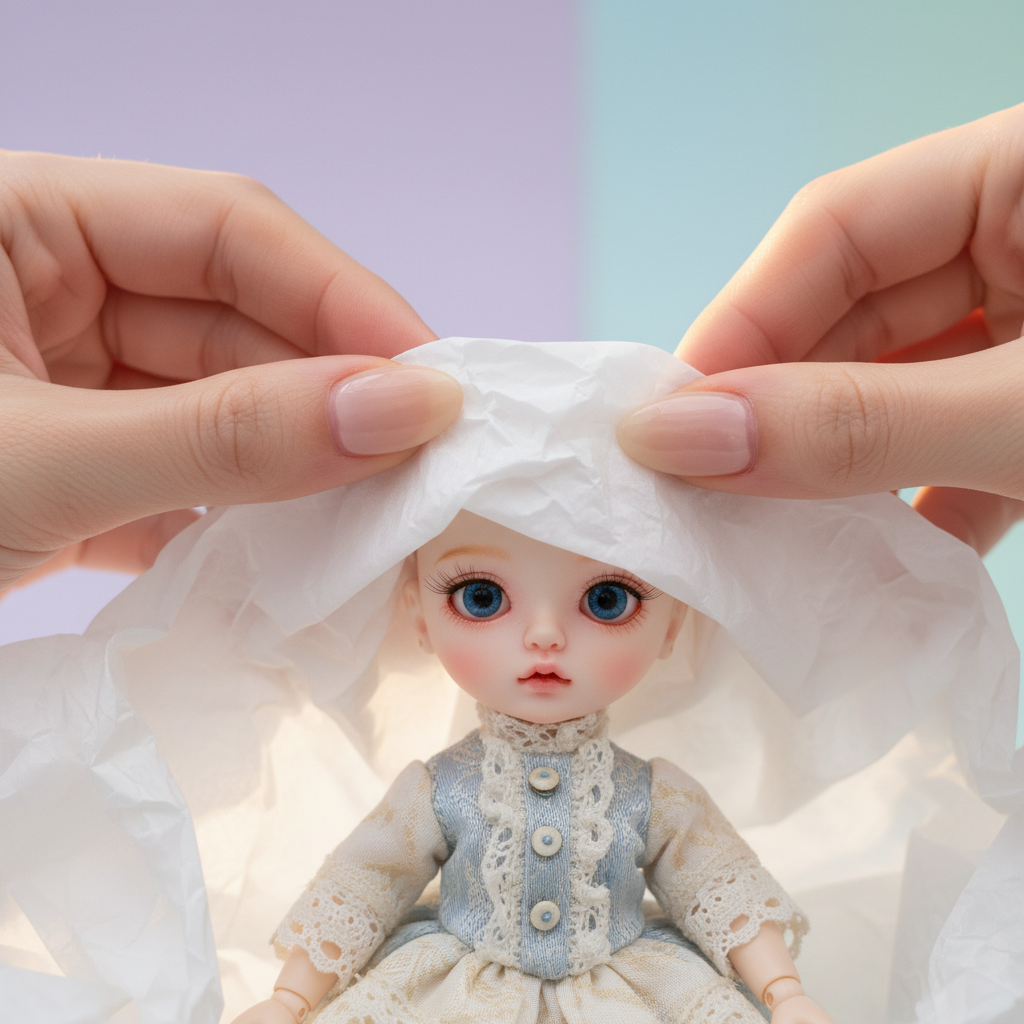 Close-up of hands gently unwrapping a new ball-jointed doll, highlighting the delicate BJD unboxing experience.