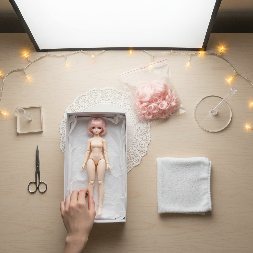 Overhead view of a perfectly organized BJD unboxing setup with tools and a partially unwrapped doll.