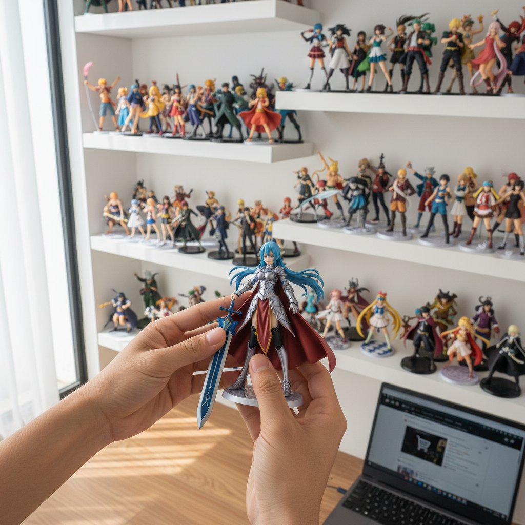 A passionate collector admiring a newly acquired, intricately detailed Japanese anime figure amidst their organized coll