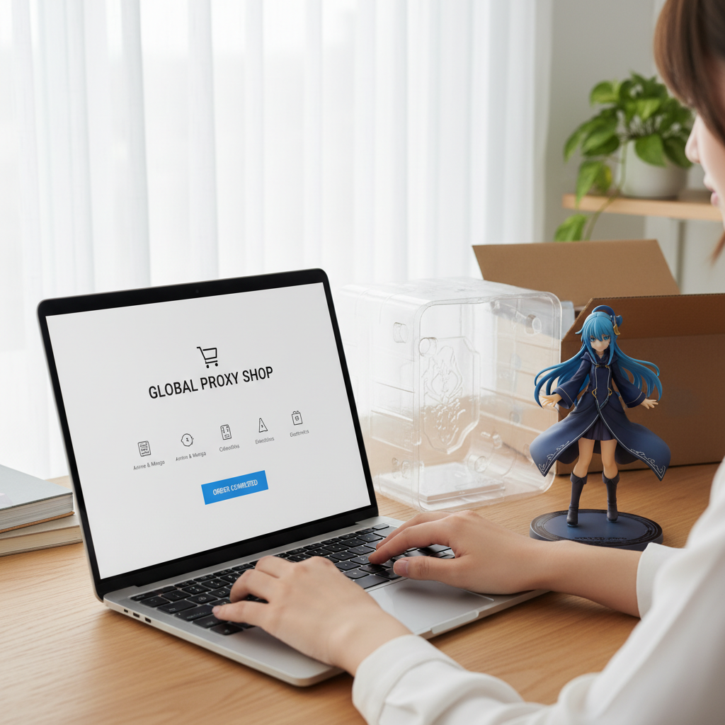 Hands navigating a user-friendly proxy service website on a laptop, with a newly unboxed anime figure nearby, illustrati