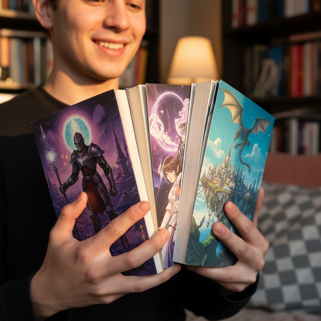 A fan joyfully holding a stack of unique, vibrantly illustrated Isekai doujinshi, hinting at hidden adventures.