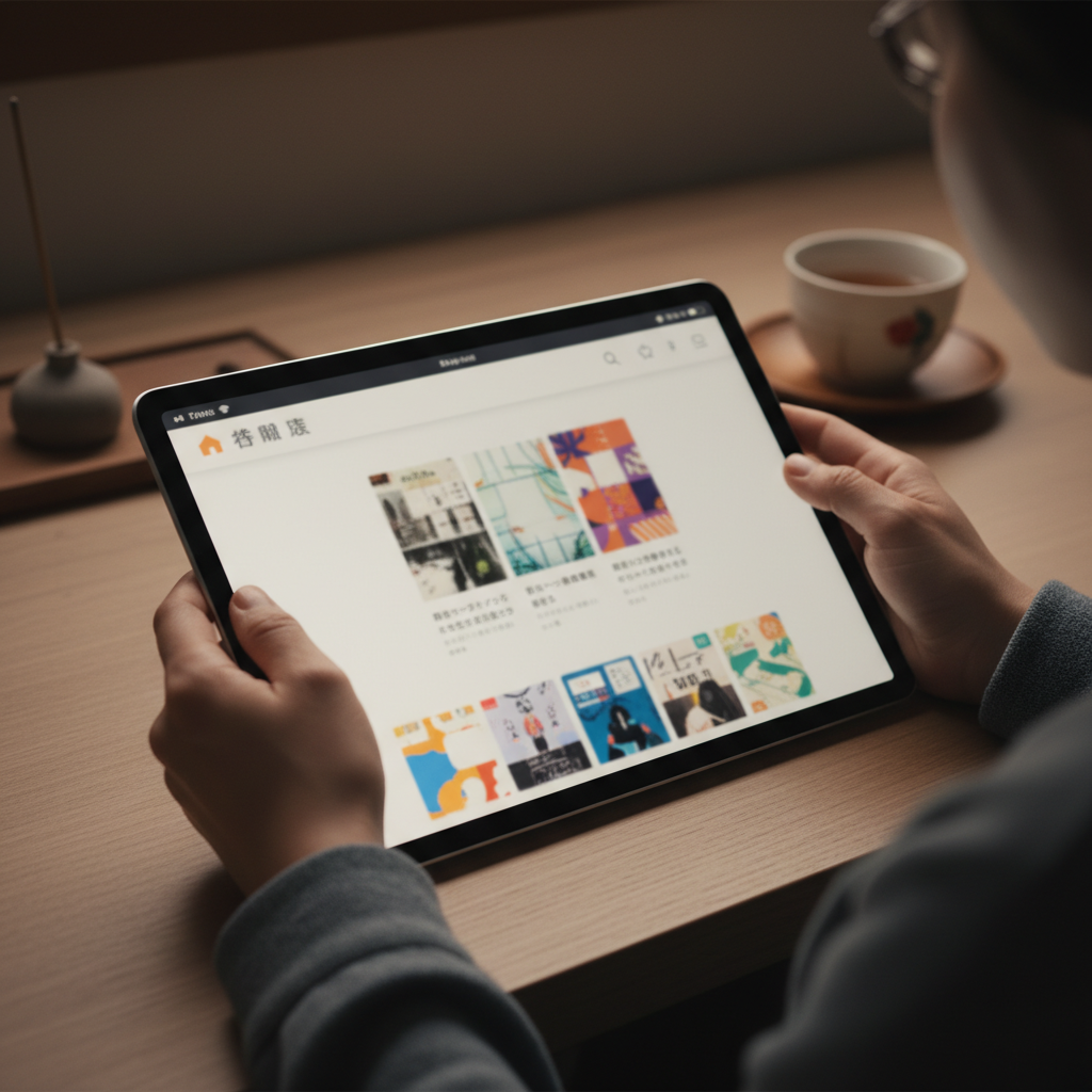 Hands browsing for Isekai doujinshi on a tablet, with a subtle Japanese aesthetic background.