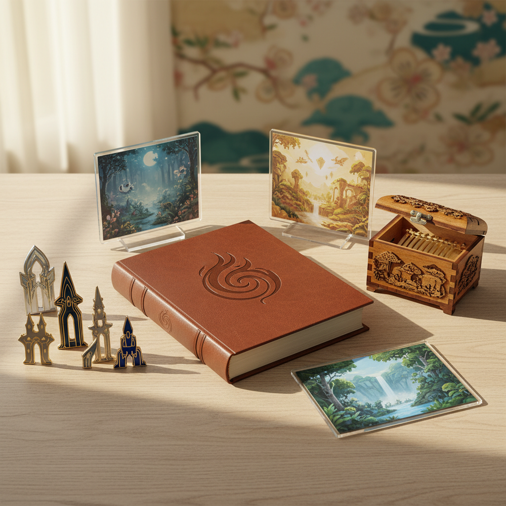 A curated collection of beautifully crafted, Japan-exclusive Genshin Impact themed merchandise, including art books, pin