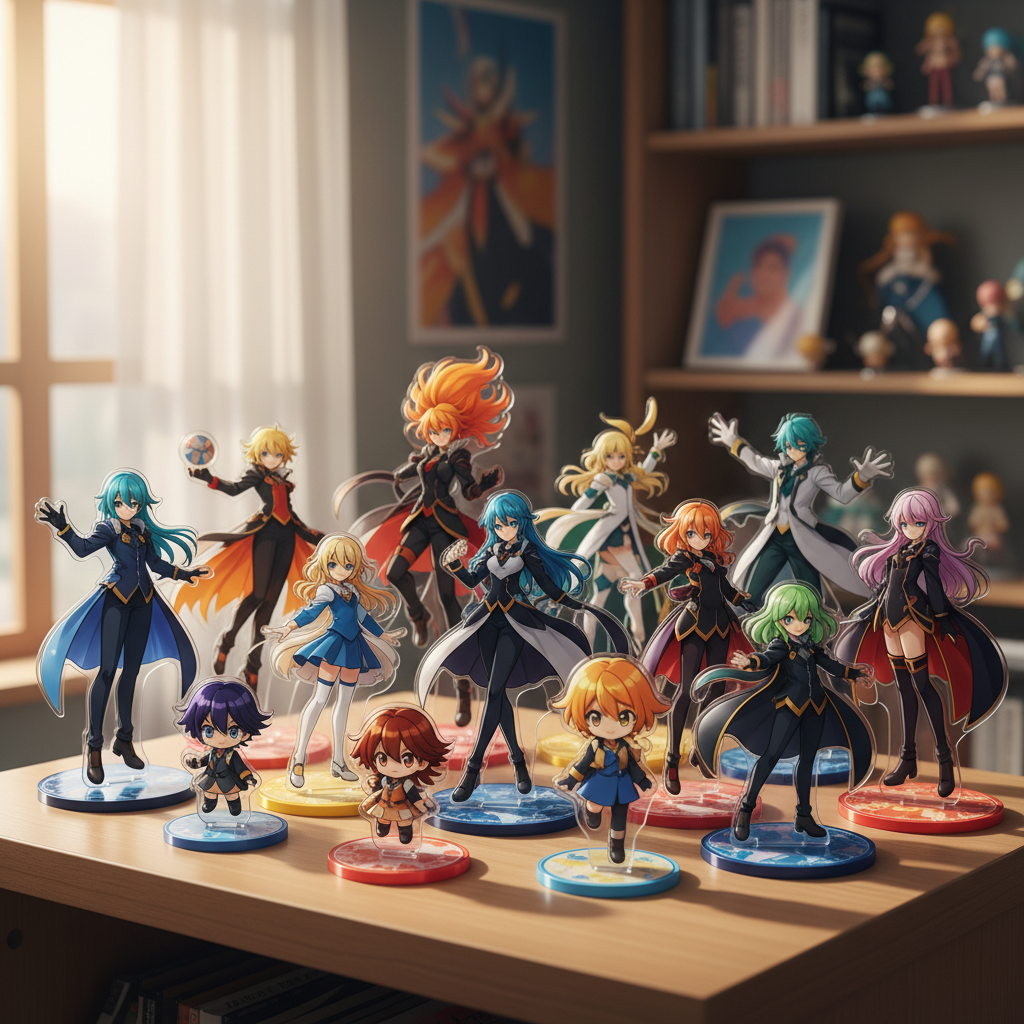 A beautiful display of various colorful Japanese acrylic stands on a shelf, showcasing their intricate designs and colle
