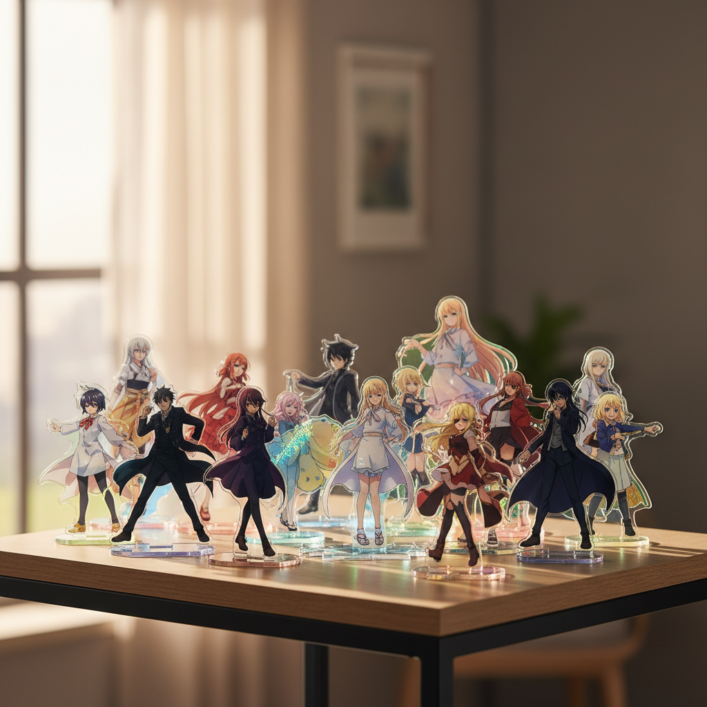 A vibrant collection of diverse Japanese acrylic stands displayed on a wooden shelf, highlighting their intricate design