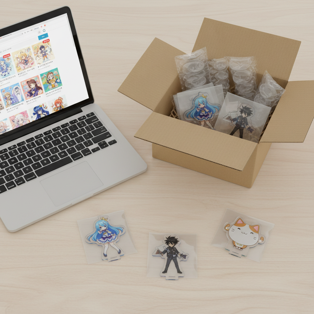 An open shipping box with newly arrived Japanese acrylic stands next to a laptop showing an online marketplace.