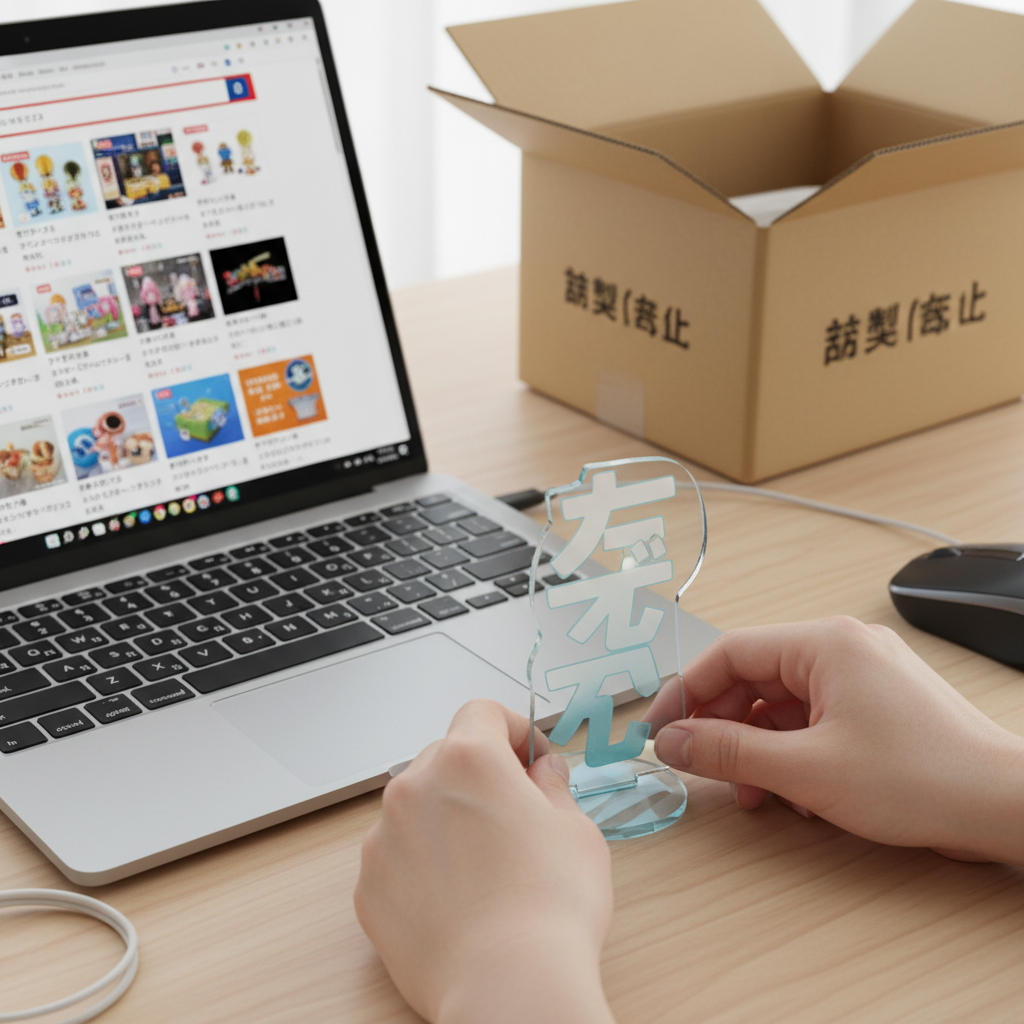 Hands carefully unboxing a new Japanese acrylic stand next to a laptop showing an online marketplace, illustrating the b