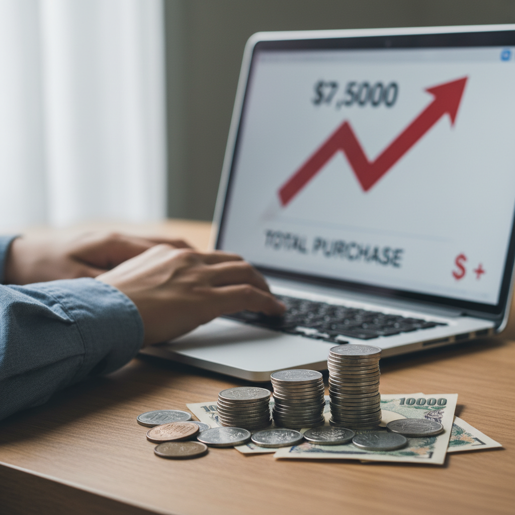 Hands looking at a laptop screen showing increased online shopping costs, with Japanese yen nearby, illustrating the Buy