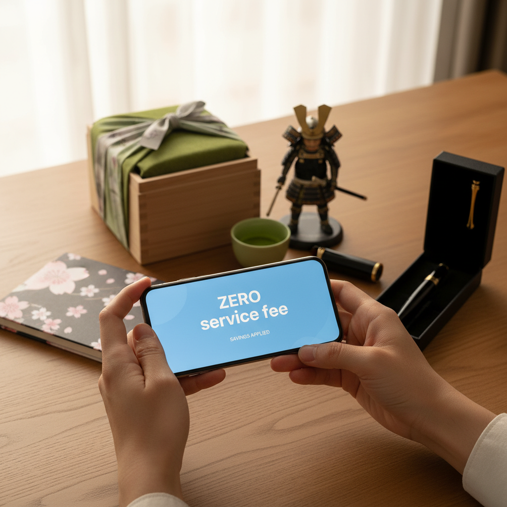 Hands holding a smartphone displaying a '¥0 service fee' notification, with desirable Japanese items in the background, 