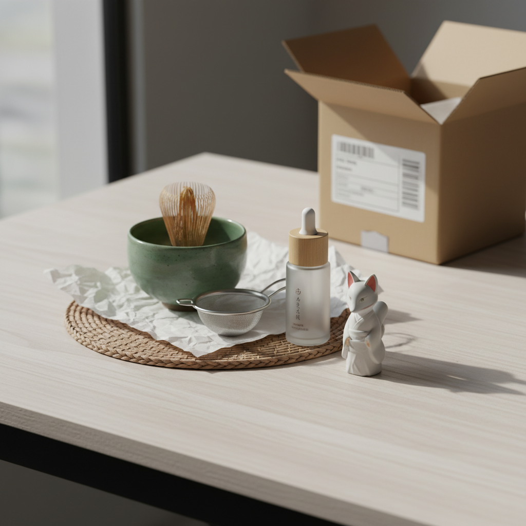 A collection of Japanese products like matcha, skincare, and a figurine, symbolizing successful Amazon Japan purchases s