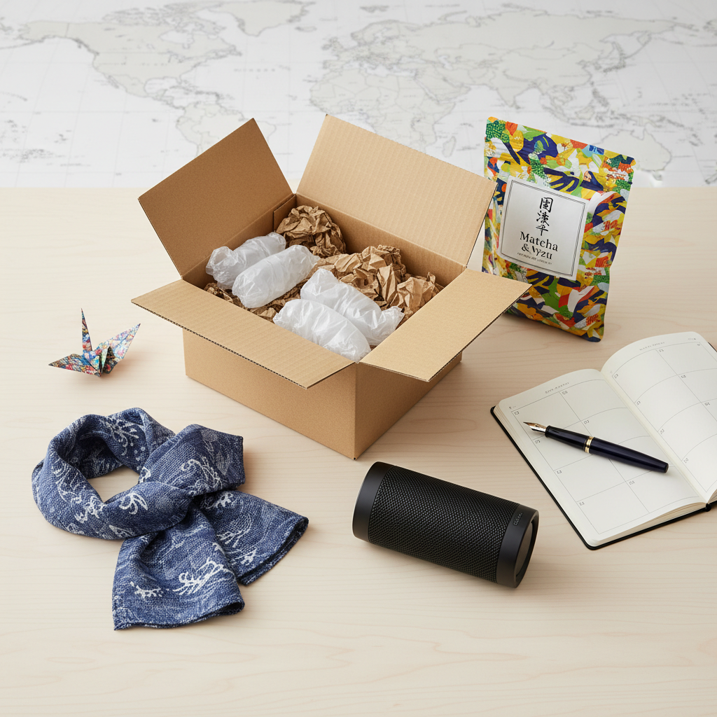 Diverse Japanese products like snacks, stationery, and electronics, showing items being consolidated for shipping from A