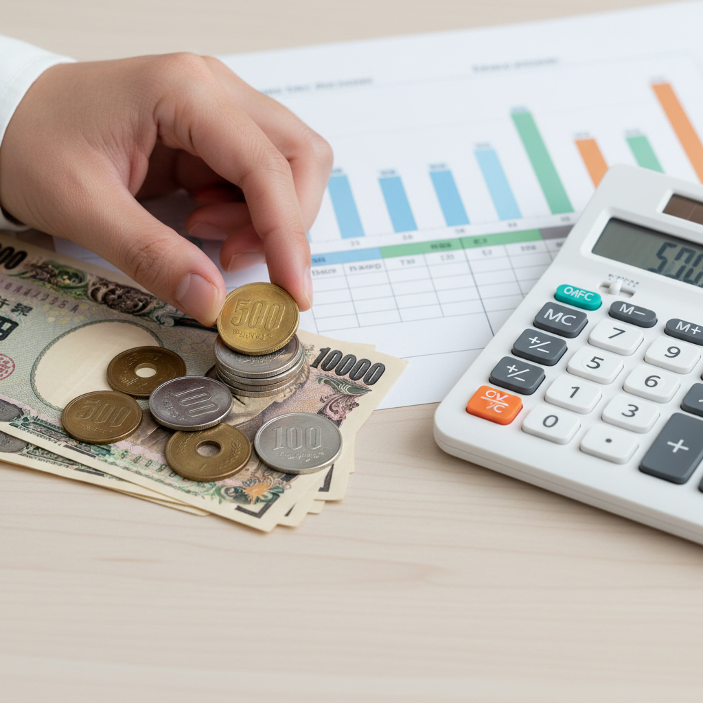 Hand organizing Japanese yen next to a calculator, illustrating how to compare Japan proxy service fees.