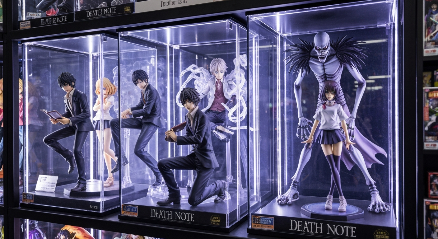 Death Note Japan-exclusive figure collection display shelf with L, Light, Ryuk, Misa