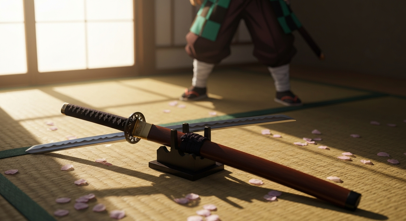 Demon Slayer Tanjiro Nichirin sword replica with Nezuko bamboo muzzle accessory