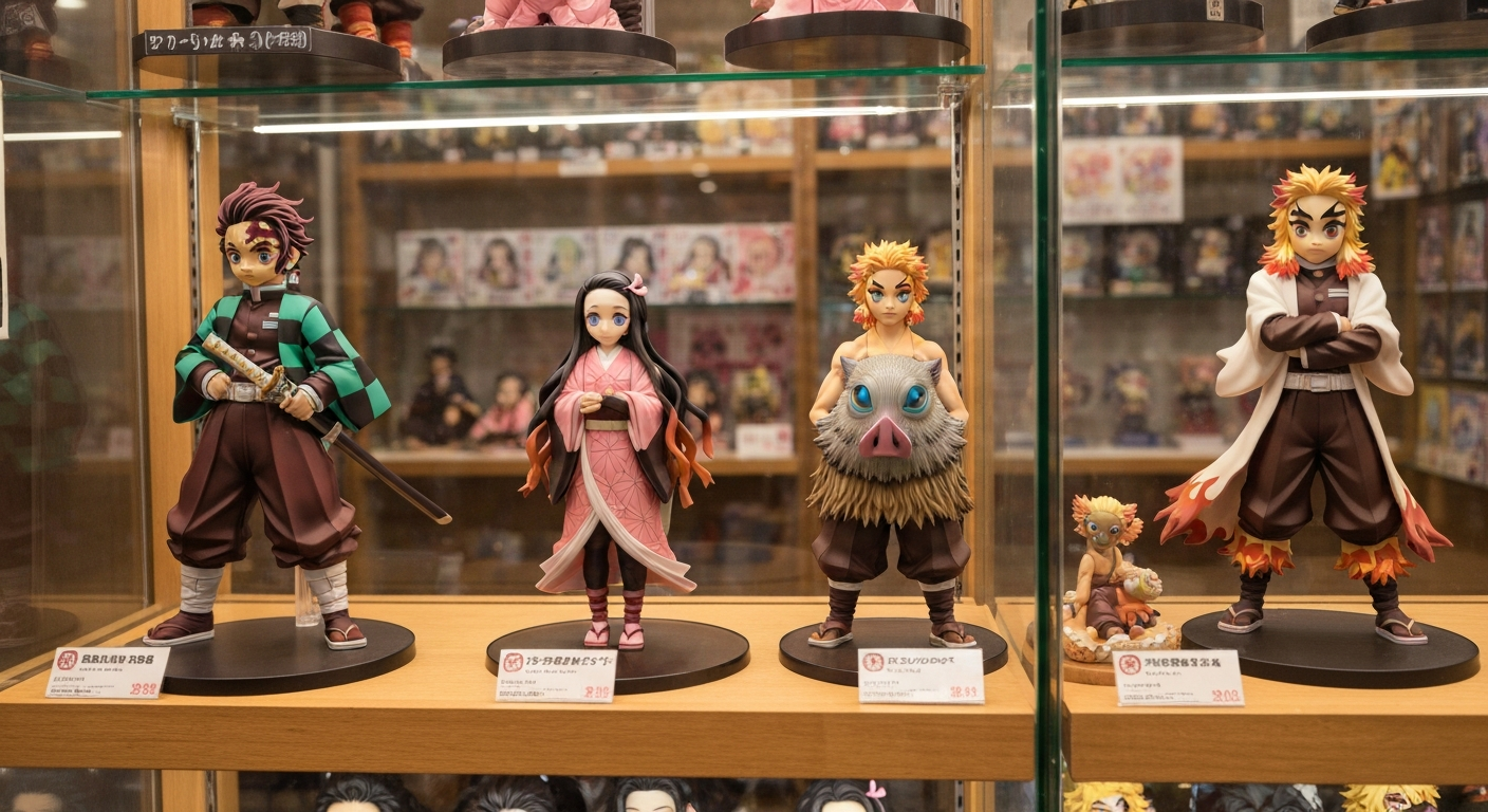 Demon Slayer figure display shelf with Tanjiro, Nezuko, Zenitsu, Inosuke, Rengoku
