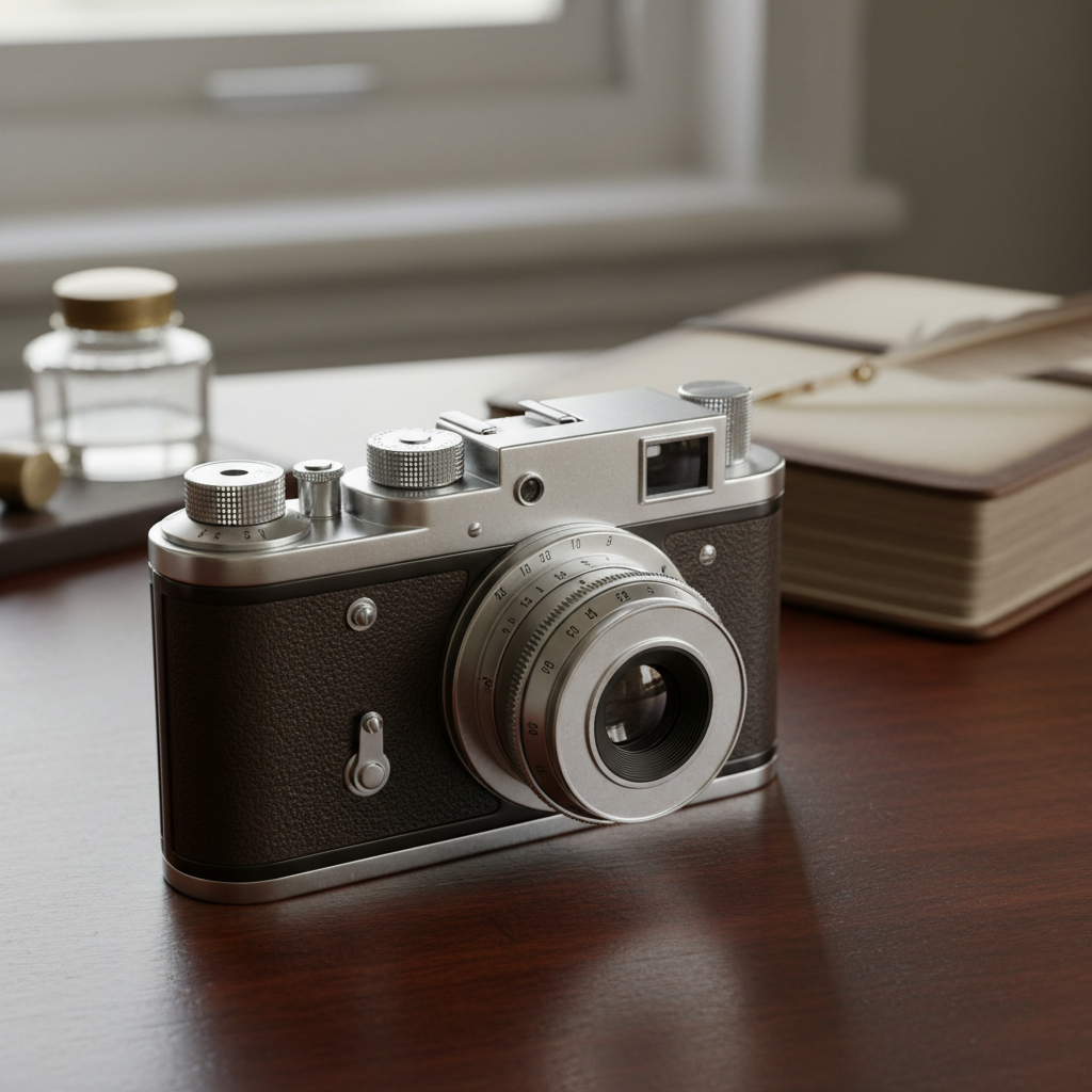 A vintage 1930s-style rangefinder camera on a wooden desk, symbolizing Canon's rich history in optical precision.