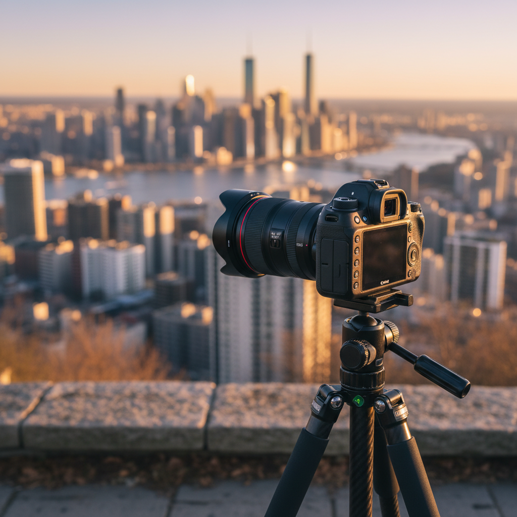 A modern mirrorless camera on a tripod, capturing a golden hour cityscape, highlighting Canon's innovation in digital ph