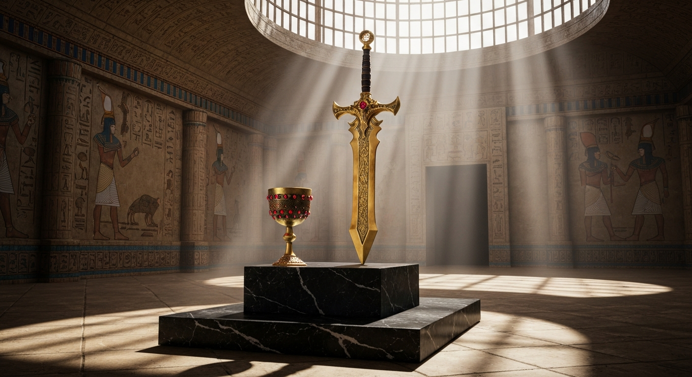 Fate strange Fake False Archer Gilgamesh golden sword and chalice display