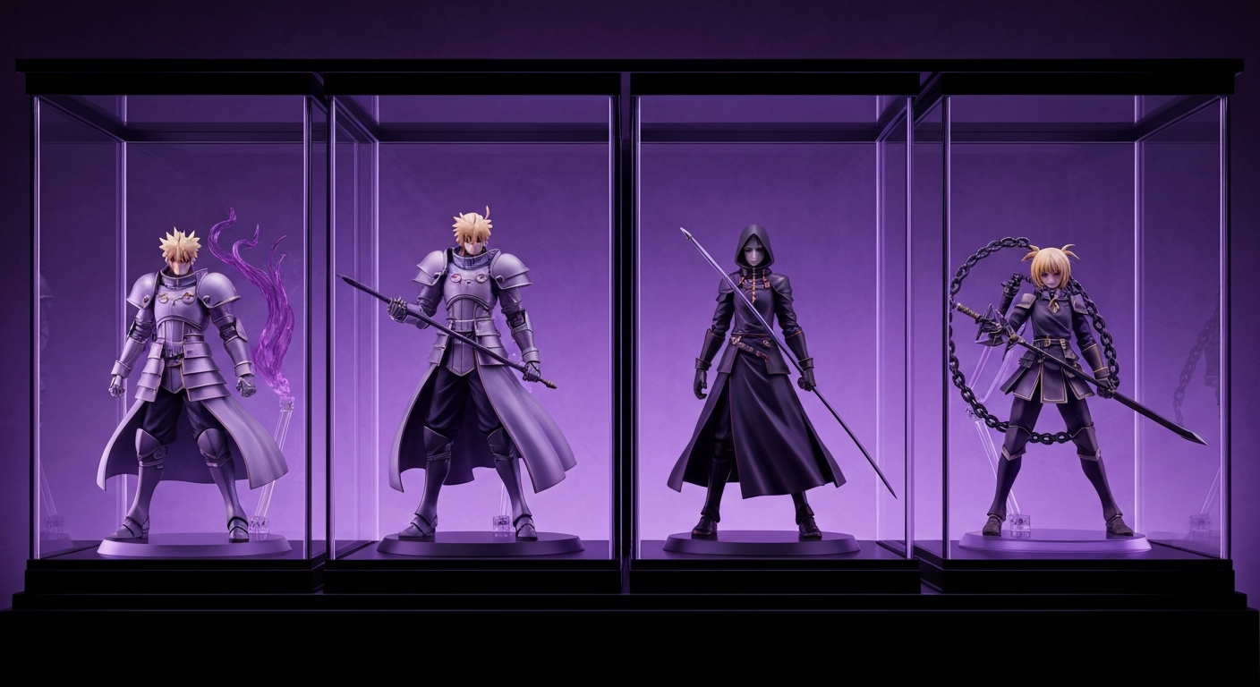 Fate strange Fake Servants figure display in a magical Holy Grail War shelf