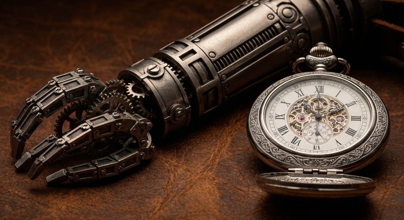 Fullmetal Alchemist automail arm model and State Alchemist silver pocket watch display