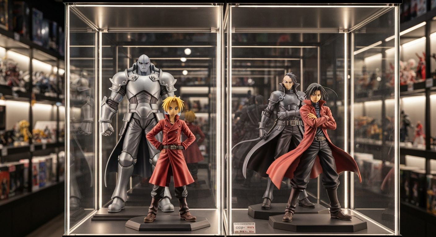 Fullmetal Alchemist Brotherhood figure shelf with Edward, Alphonse armor and Roy Mustang