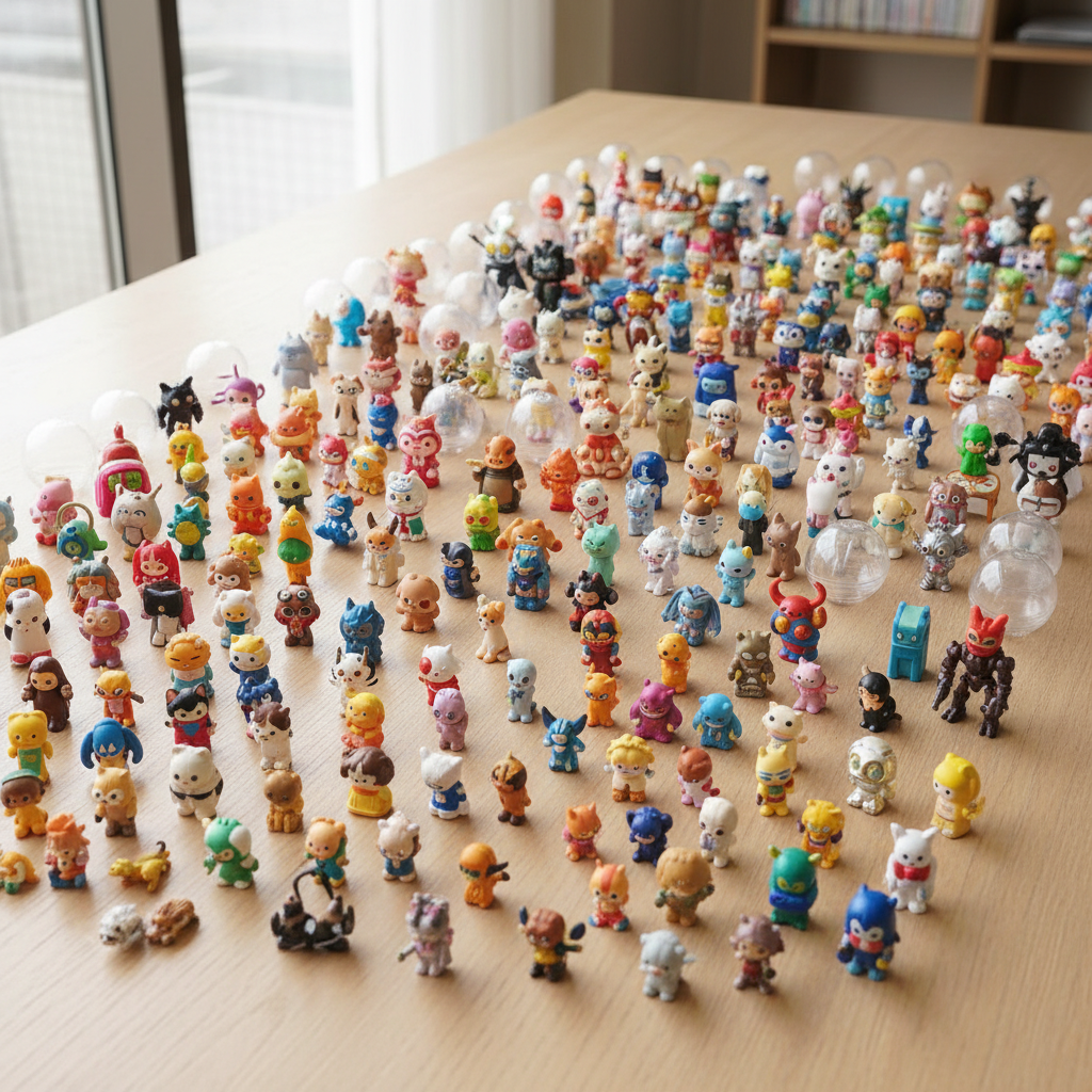 An impressive, diverse collection of hundreds of colorful Japanese gacha capsule toys, meticulously displayed on a light