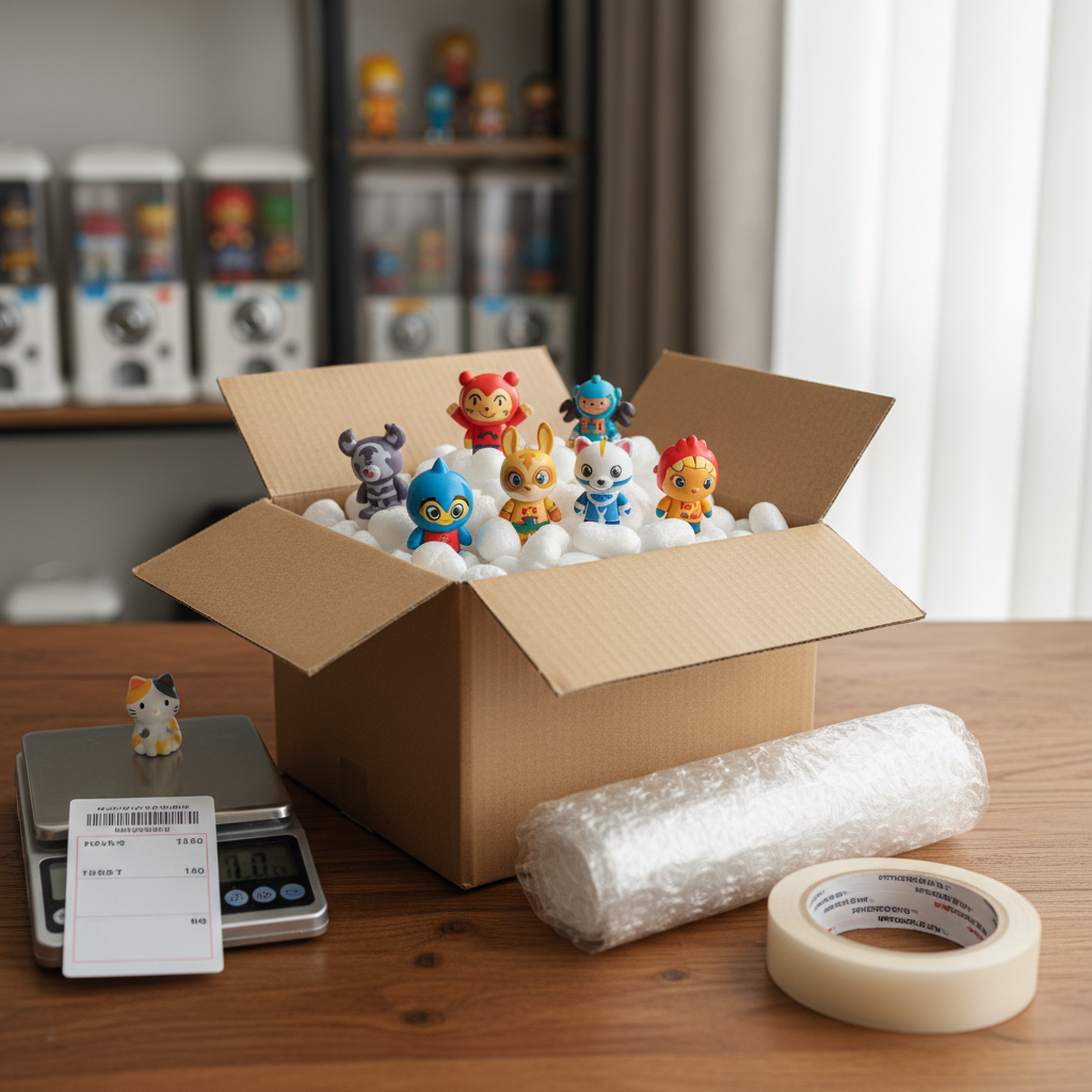 Small Japanese gacha capsule toys being consolidated for international shipping, surrounded by packing materials and a s