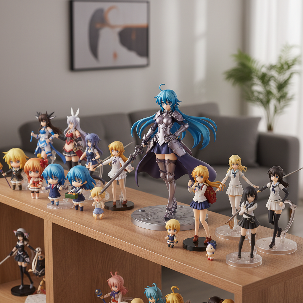 A beautifully arranged collection of diverse Japanese anime figures, Nendoroids, and detailed scale statues on a modern 