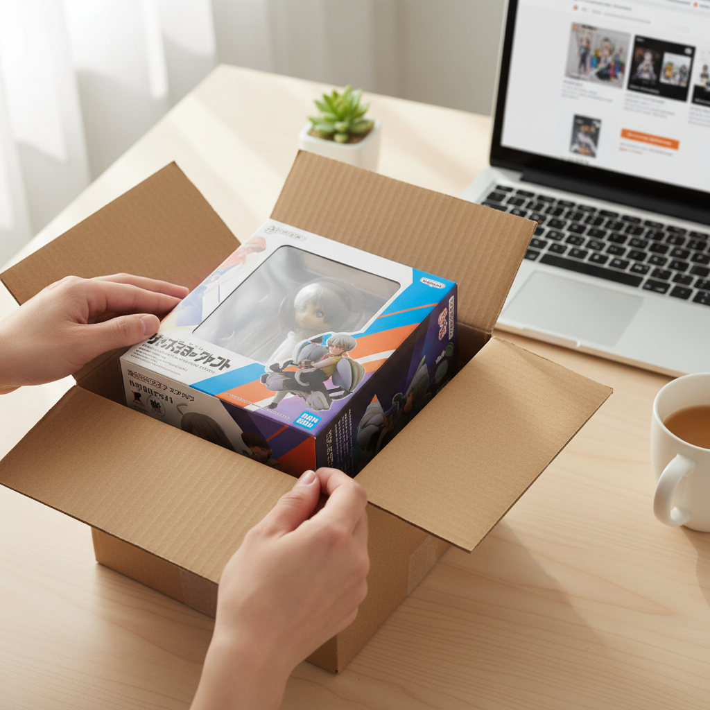 Hands carefully unboxing a new Japanese anime figure package, with a laptop showing an online store, illustrating the pr