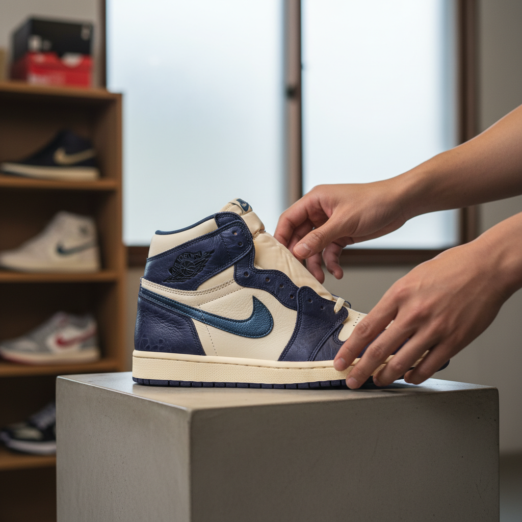 Person's hands meticulously inspecting authentic secondhand Nike sneakers from Japan for quality and intricate details.