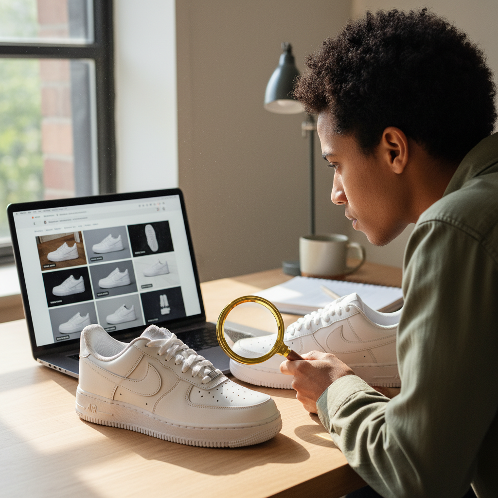 Person comparing online marketplace photos with physical Nike sneakers to spot fakes when buying secondhand from Japan.