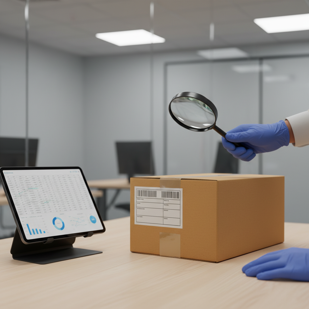 A gloved hand inspects a shipping box at customs, symbolizing the upcoming US import duty changes.