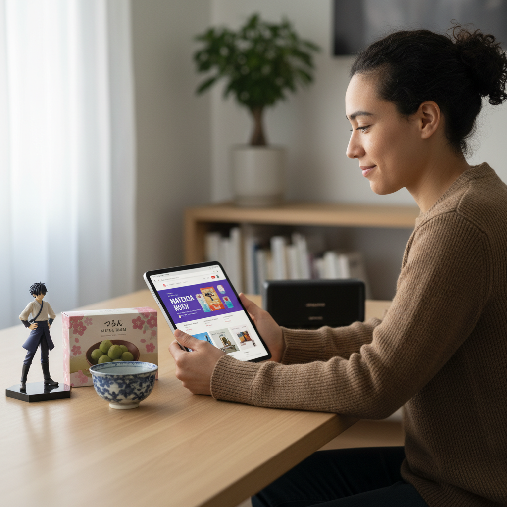 A person browsing Japanese goods on a tablet, with various unique items like an anime figure and snacks, illustrating th
